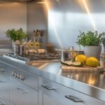 Stainless steel wall cladding installed in a modern commercial kitchen with a stainless steel cooking area, extraction canopy and work surfaces