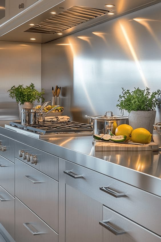 Stainless steel wall cladding installed in a modern commercial kitchen with a stainless steel cooking area, extraction canopy and work surfaces