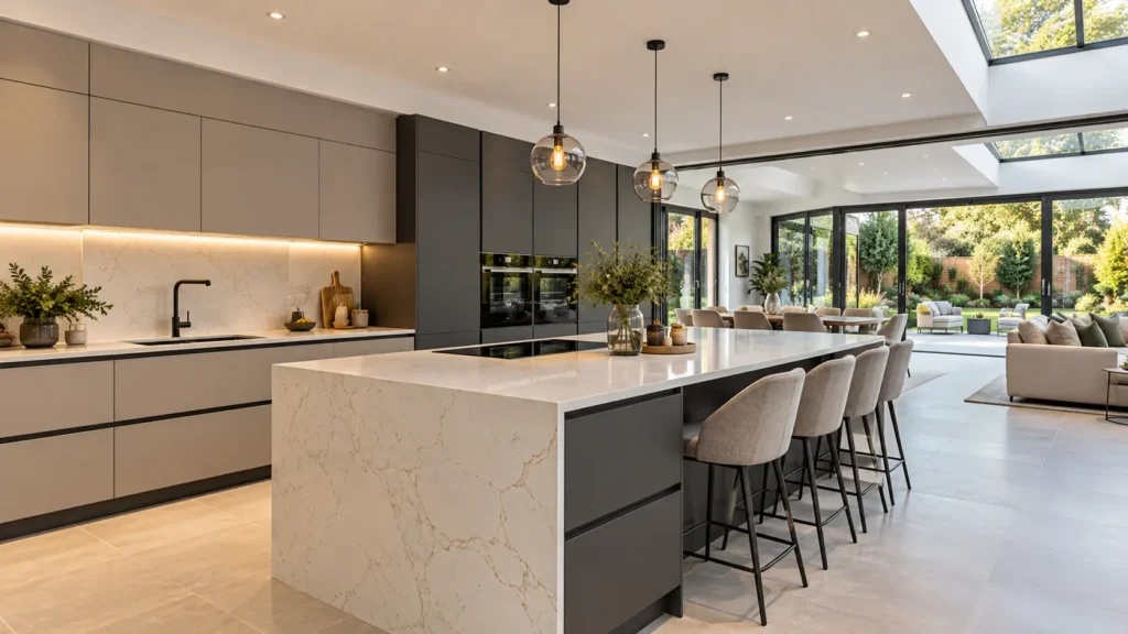 Luxury contemporary handleless kitchen with waterfall quartz island and floor-to-ceiling windows