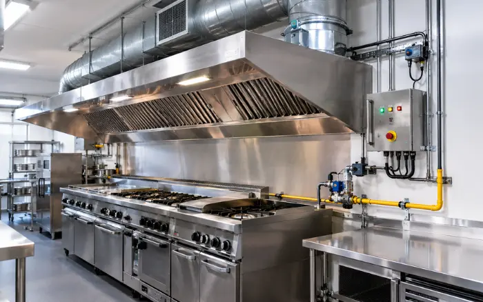 Gas interlock system control panel installed in a commercial kitchen — Brightwork Builders